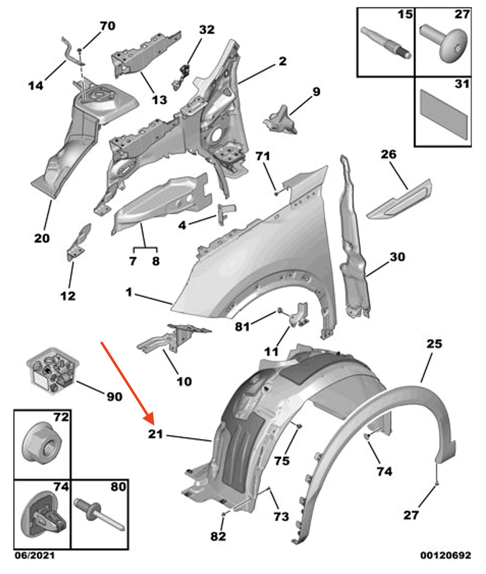 PEUGEOT 2008 Garde-boue intérieur avant gauche 9837467680 NEUF ORIGINE