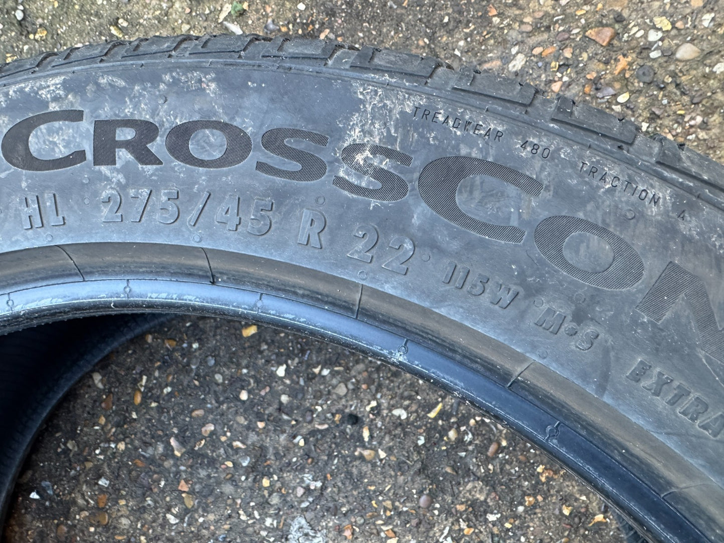 275 45 22 CONTINENTAL CROSSCONTACT RX 115W M+S LR 6.5mm NO REPAIRS (4 available)