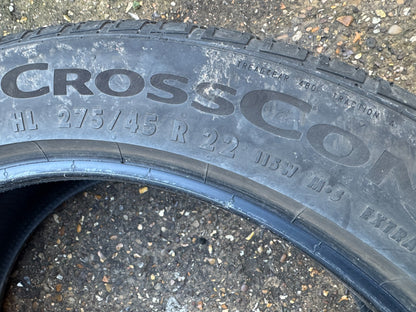 275 45 22 CONTINENTAL CROSSCONTACT RX 115W M+S LR 6.5mm NO REPAIRS (4 available)