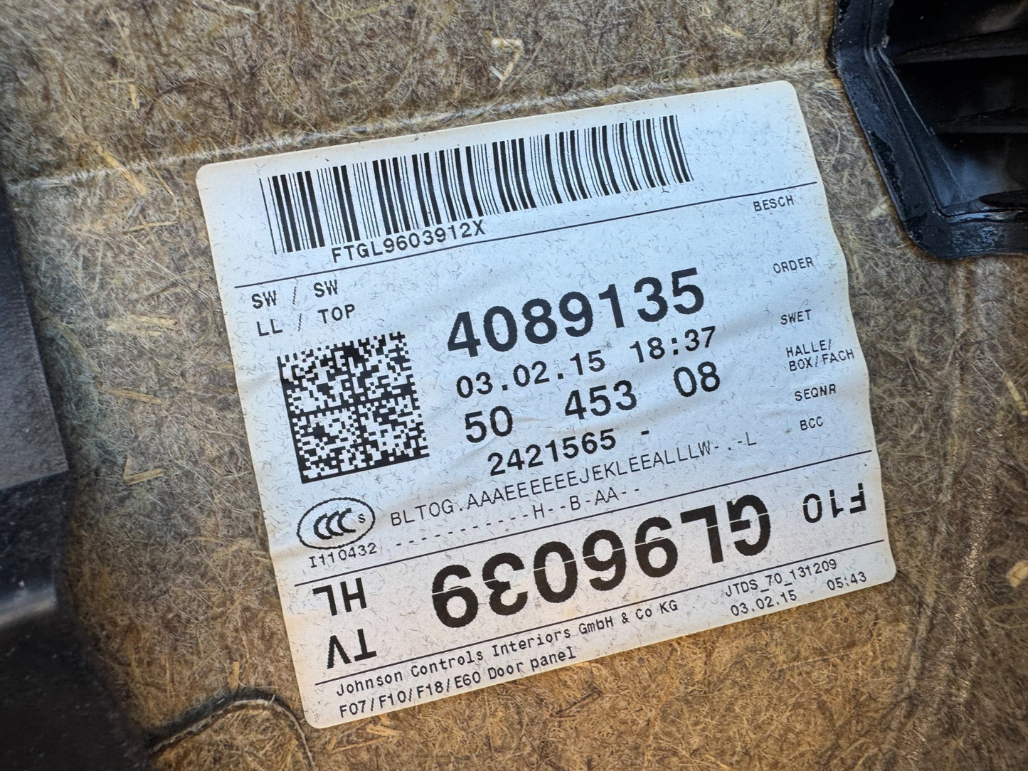 BMW 5 SERIES F11 2015 Rear Left Interior Door Panel Card Leather & Parts 1777775