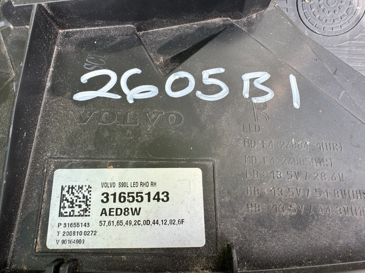 Volvo S90 Headlight LED RIGHT 31655143 CRACKED CASE BROKEN LUGS