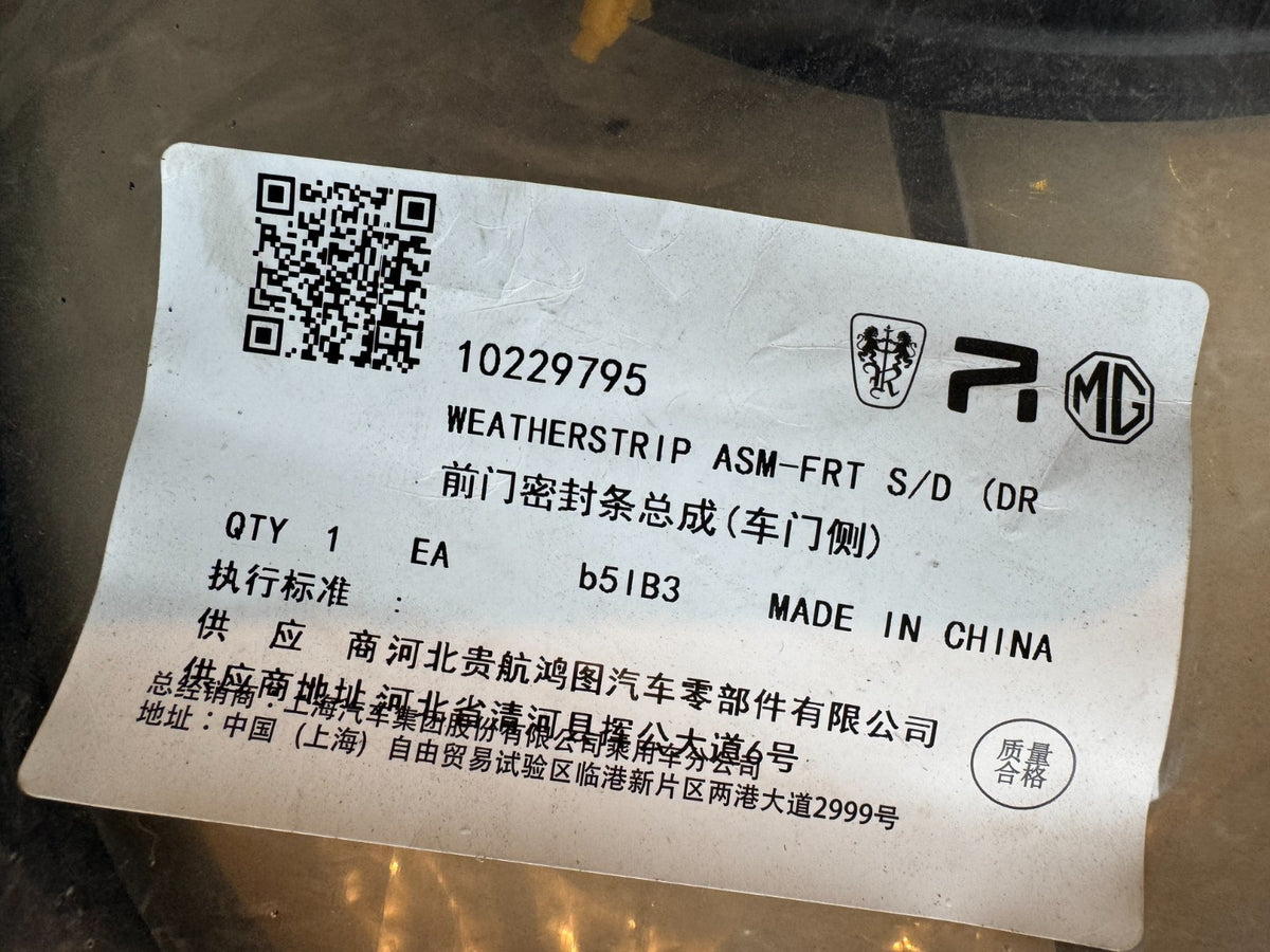 Genuine MG ZS 原廠前車門玻璃外水條總成 | 10229795 請發送車身號碼（VIN）以核對零件